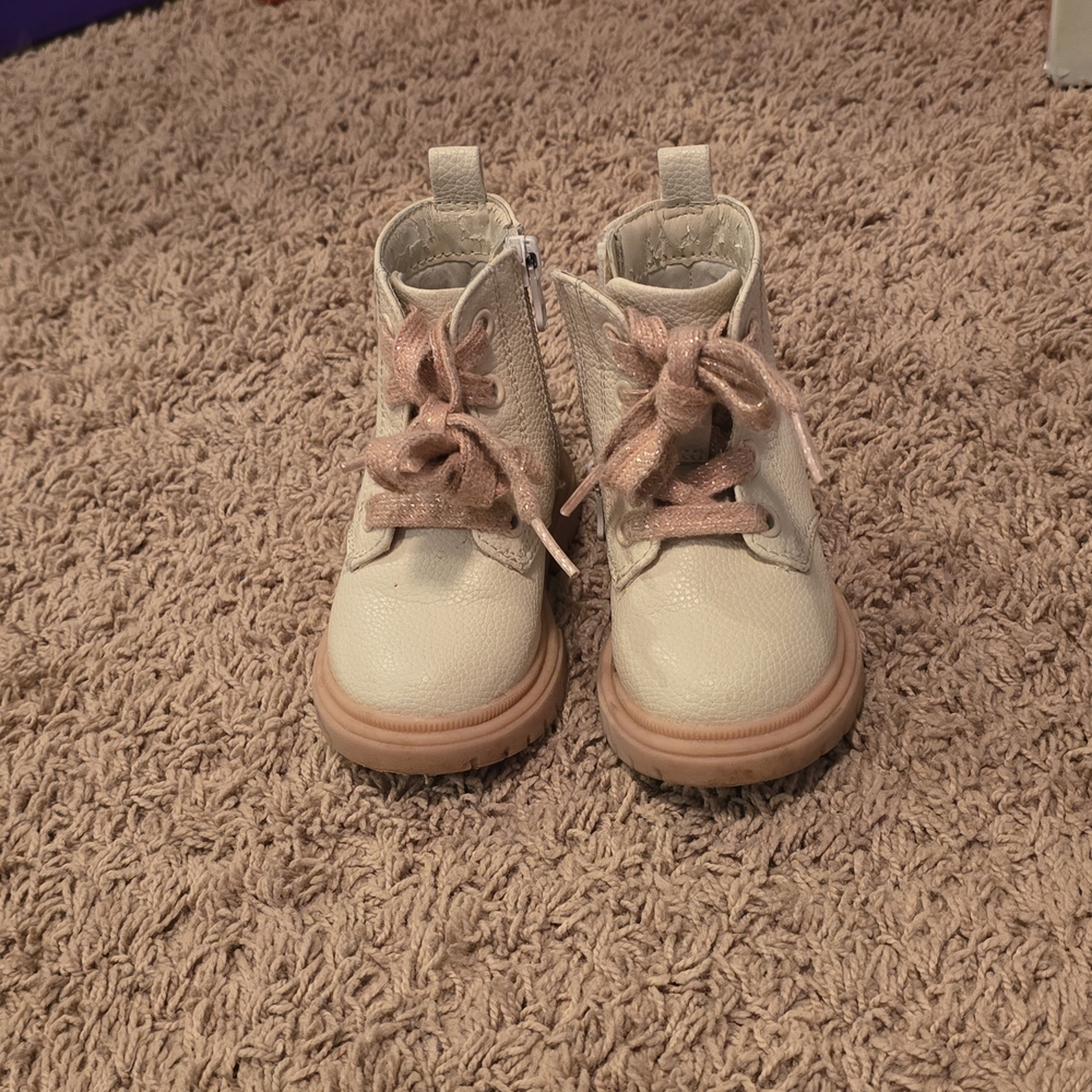 Kids Cream Lace-Up Ankle Boots with Pink Accents